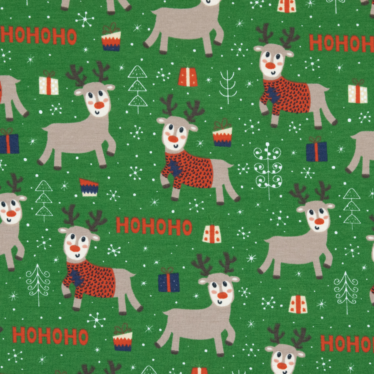 Baumwolljersey Weihnachtsrentiere grün Stoffe Werning