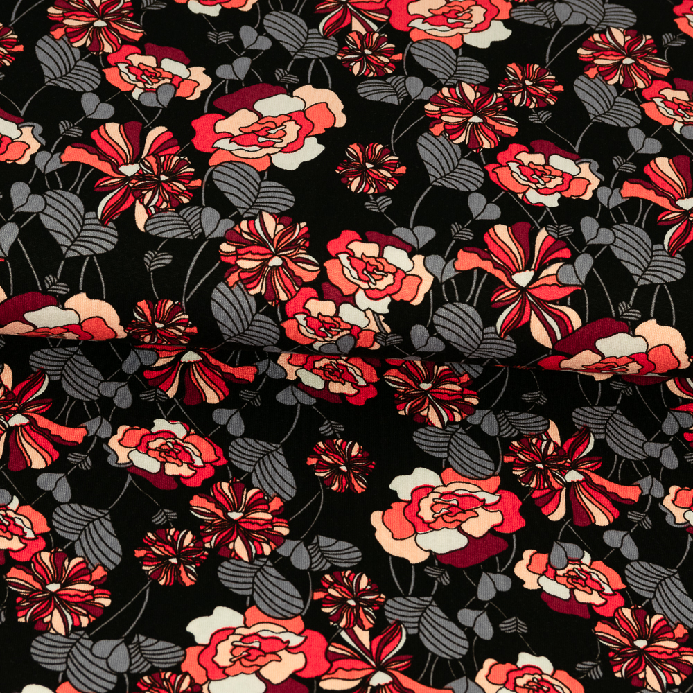 Viskose-Jersey rot-grau Patch 150cm kleine Blumen 