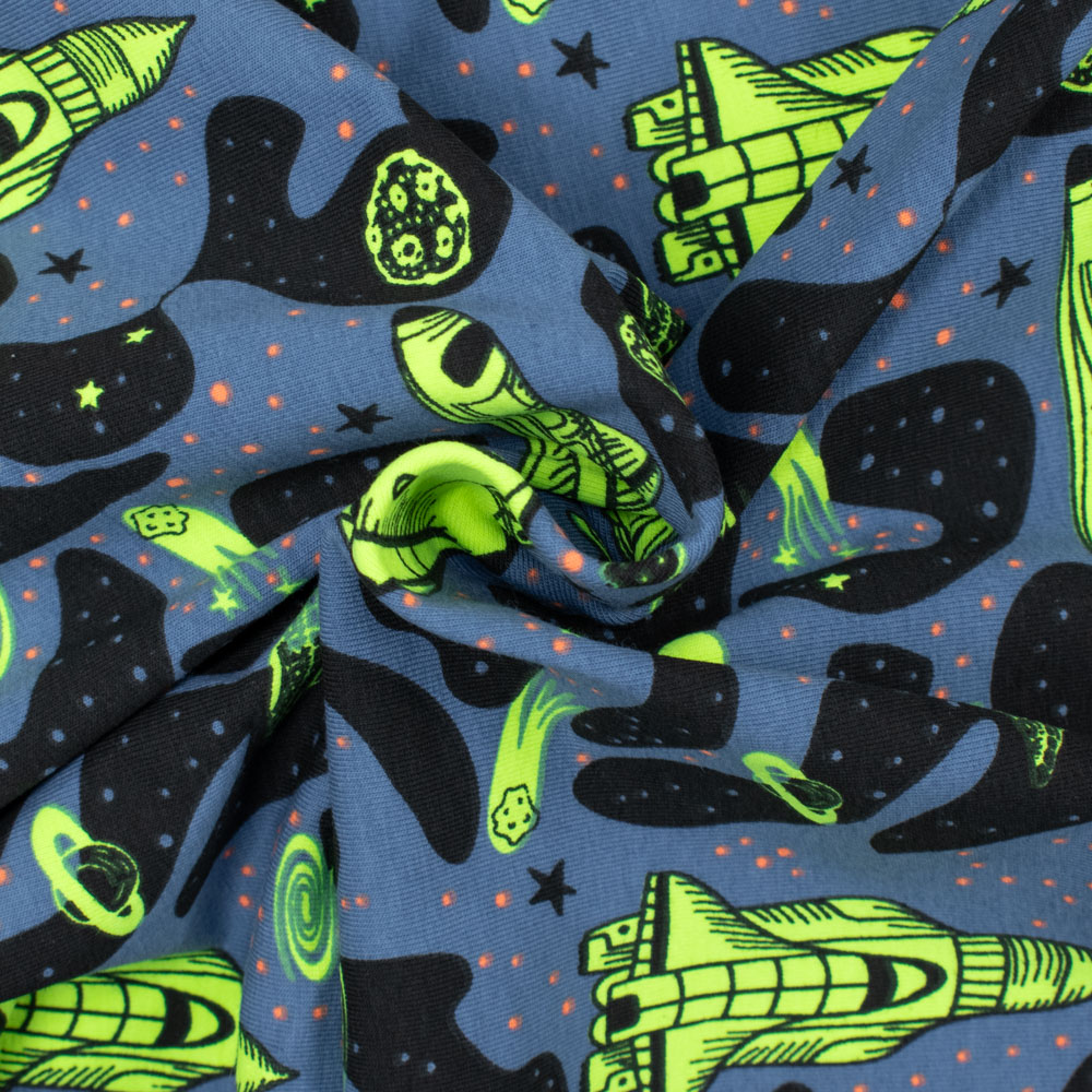 Baumwolljersey Raumschiffe neon blau| Stoffe Werning Stoffe Werning