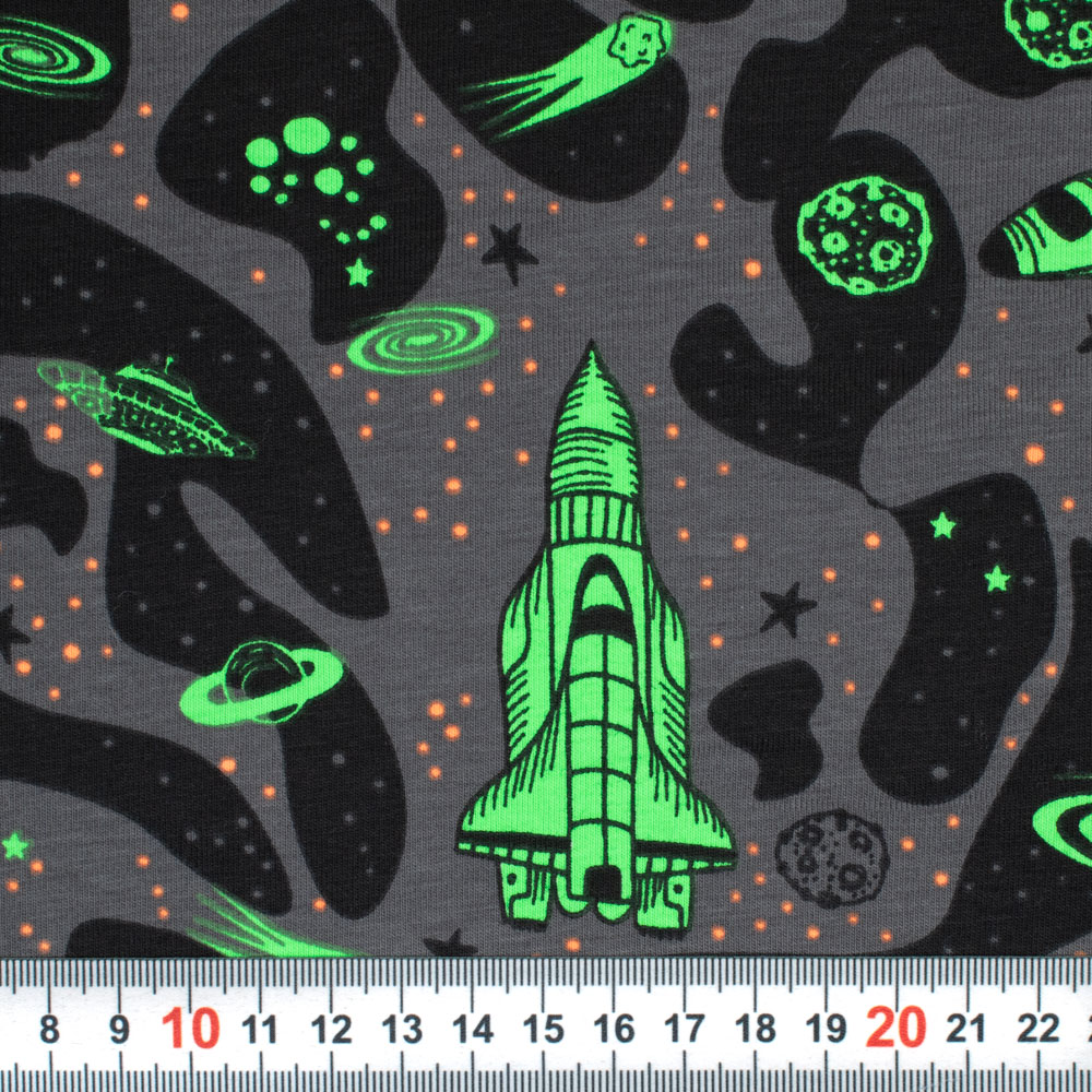 Rakete Stoff Neon GrÃ¼n Baumwolljersey Raumschiffe Neon Dunkelgrau