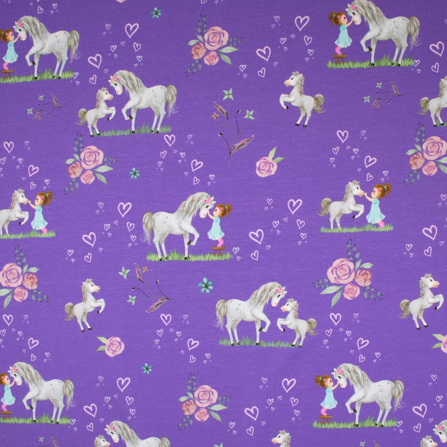Jersey Stoff Pferde Lila Baumwolljersey Digitaldruck Pferdeliebe
