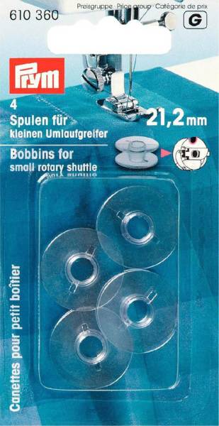 Prym Nähmaschinenspulen transparent für kleine Umlaufgreifer 21,2 mm 4 Stück Nr. 610360